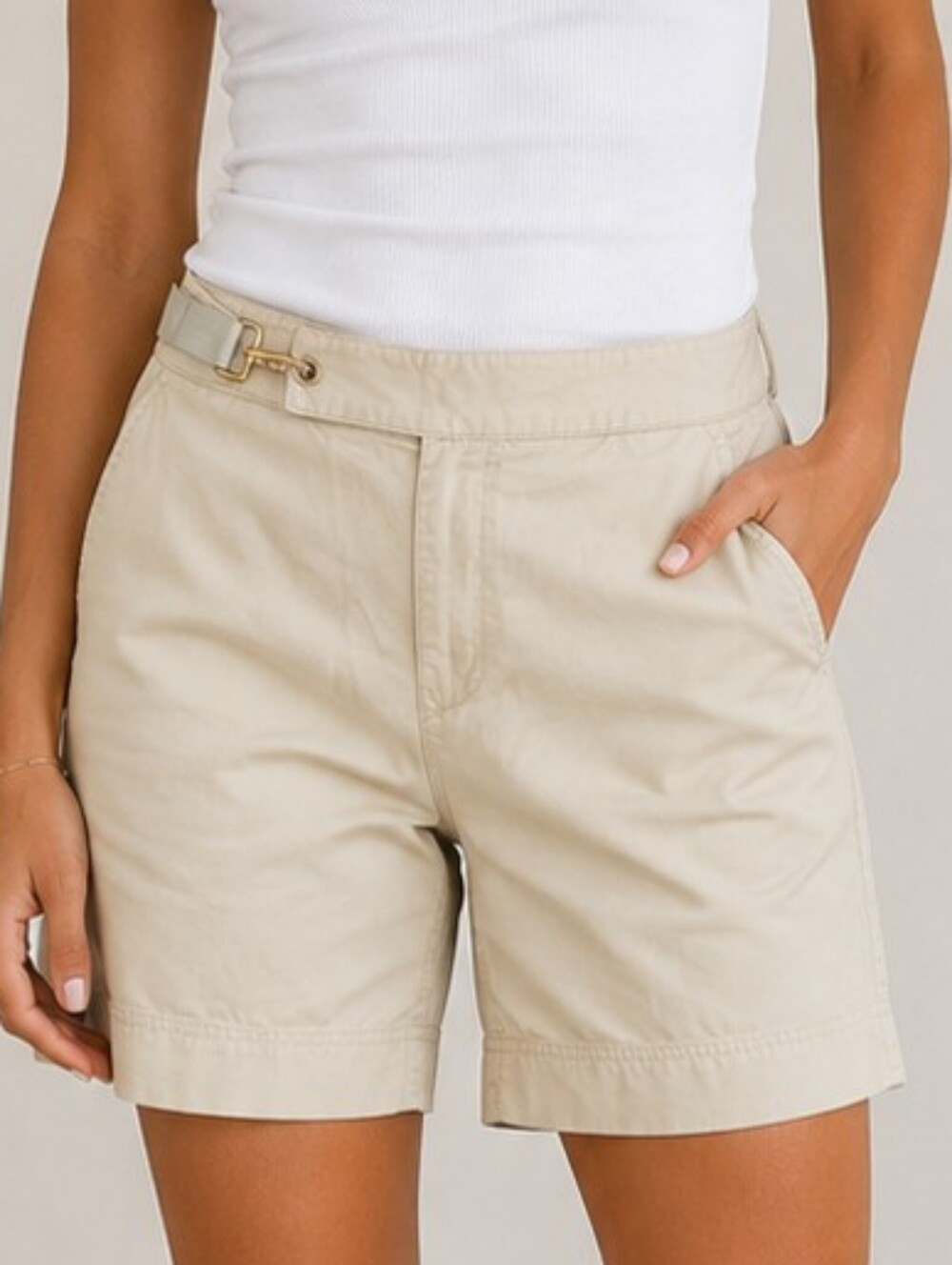 Lauren Ralph Lauren Beige Safari Shorts Gold Clasp Utility  Shorts Quiet Luxury